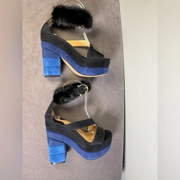 Salvatore Ferragamo suede mink platform sandals color-blocked blue black SIZE 5 - Picture 10 of 14